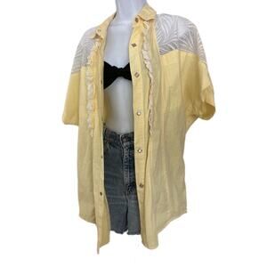 Vintage 80s Yellow Cotton Oversized Summer Beach Cottage Lace Ruffles Blouse S/M